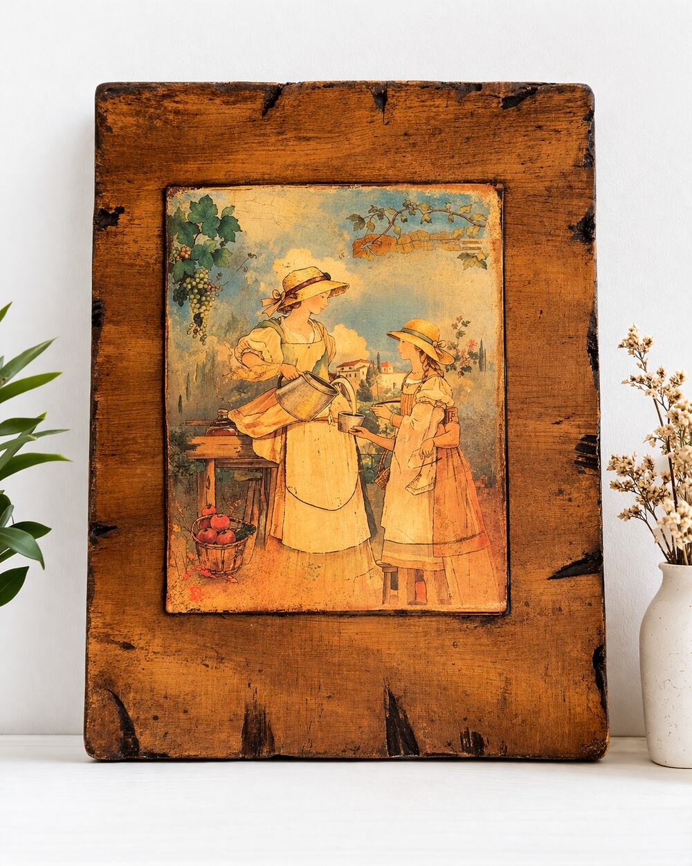 Rustic Folk Art Wall Plaque European Countryside Wood Decor 10x8